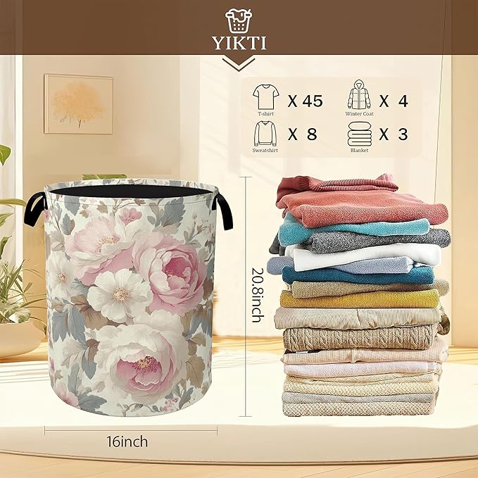 Vintage Flower Laundry Basket,Pink White Floral Clothes Hamper,Oxford Cloth Collapsible Nursery Hamper Storage Organization for Bedroom,Bathroom,Office,College Dorms,16x20 Inch