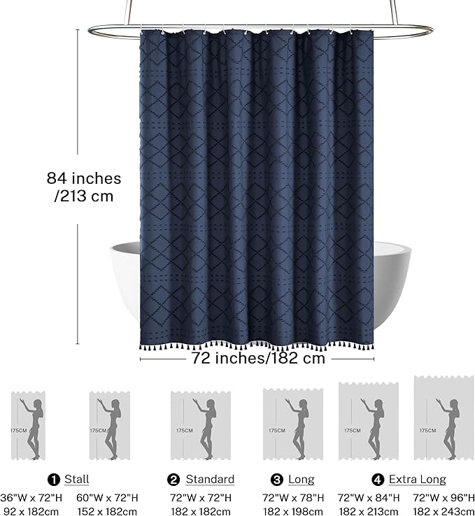 Extra Long Boho Farmhouse Shower Curtain Woven Fabric Navy Blue 84 Inch Curtain, 72 x Tufted Chevron Textured Striped Modern Minimalist Cloth Set with Hooks for Bathroom