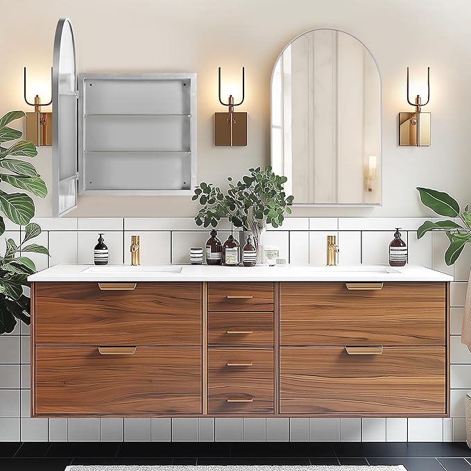 SogesHome 24"x36" Arched Medicine Cabinet with Mirror, Modern Decro Wall Mount Arched Mirror Cabinet, Recessed Bathroom Vanity Mirror with Storage with 2 Shelves,Silver