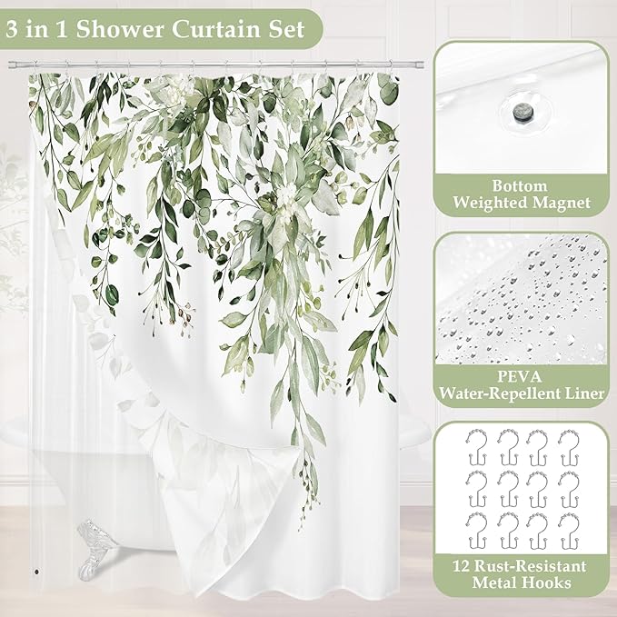 Gibelle 3 in 1 Shower Curtain Set, 72x72 OliveGreen Eucalyptus Bath Curtain with PEVA Liner Set and 12 Metal Hooks, Waterproof Fabric Bathroom Curtain