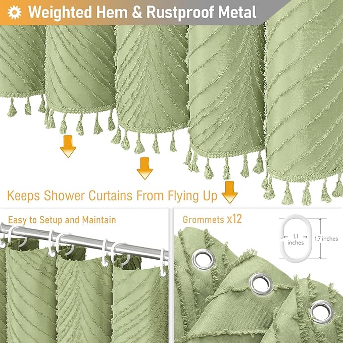 BTTN Extra Long Shower Curtain - 72x96 Boho Tufted Leaves Textured Striped Tassel Shower Curtain Set with 12 Hook, Modern Farmhouse Minimalist Vintage Aesthetic Shower Curtain for bathroom, Sage Green
