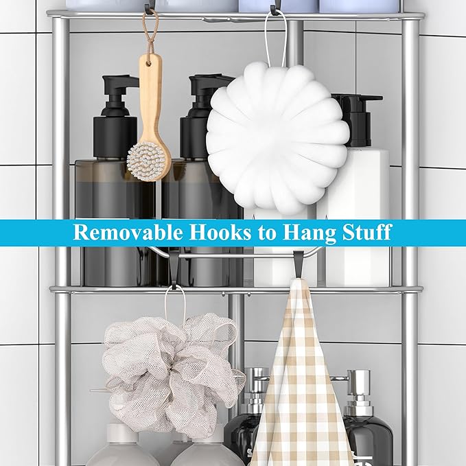 HuggieGems 4 Tier Floor Standing Corner Shower Caddy Organizer Shelf with Hooks, Bathroom Shelves Stand Rack, Gray