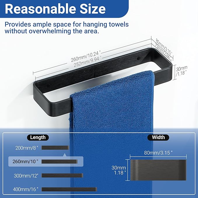 SAYAYO Matte Black Hand Towel Holder for Bathroom Wall, 10 Inch Self Adhesive Towel Bar Hand Towel Rack Square Heavy Duty