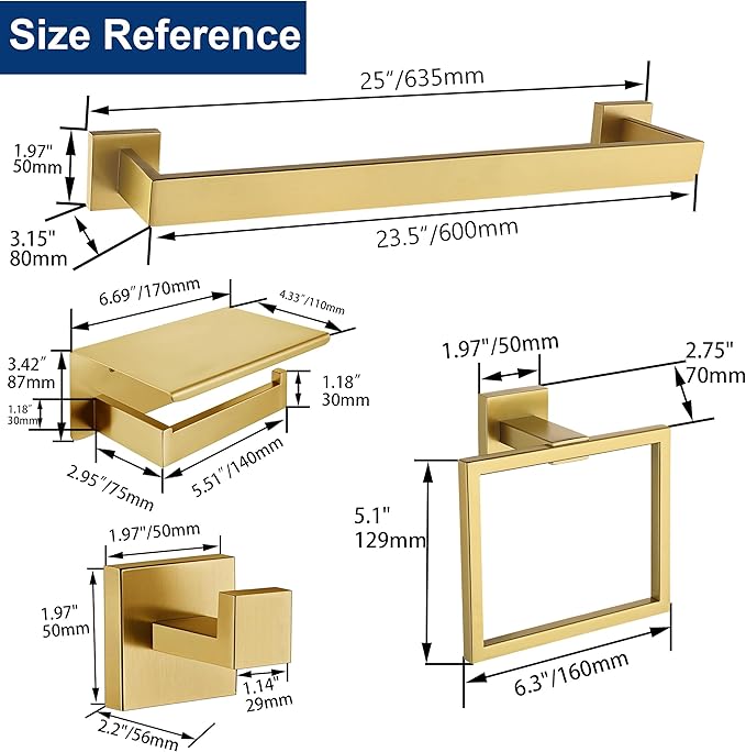 5 Pieces Bathroom Hardware Accessories Set Brushed Gold, 24Inch Bathroom Towel Rack Set SUS304 Stainless Steel, Square Toilet Paper Holder with Shelf Heavy Duty, Wall Mounted