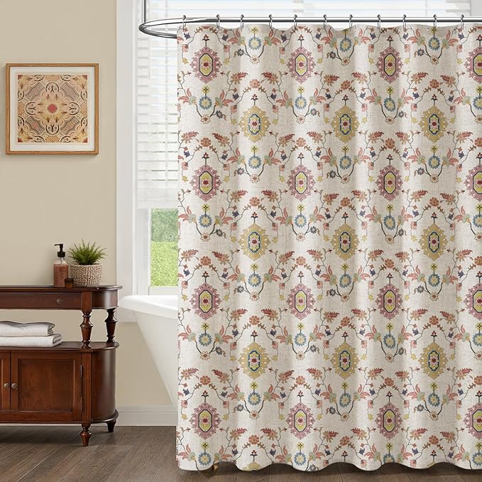 Boho Floral Shower Curtain, Vintage Cottage Core Shower Curtains for Bathroom, 72Wx72H Inch