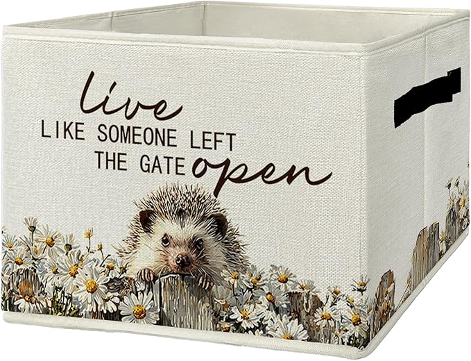 Rustic Hedgehog Storage Bins & Boxes with Handles, Farmhouse Hedgehog Foldable Basket for Organizing, Live Like Someone Left the Gate Open Collapsible Storage Basket for Bedroom Bathroom Clothes