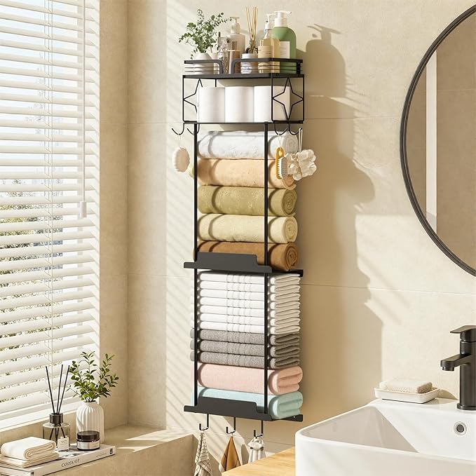 Towel Racks for Bathroom 39.9 Inch Wall Mounted Towel Rack with Shelf, Bathroom Towel Storage Holds 6 Large Rolled Towels, Metal Wall Towel Rack, Black