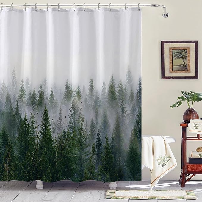 Accnicc Misty Forest Shower Curtain Dark Green Nature Shower Curtains for Bathroom Pine Tree Foggy Woodland Birds Waterproof Fabric Decorative Bath Curtain 72×72 Inch