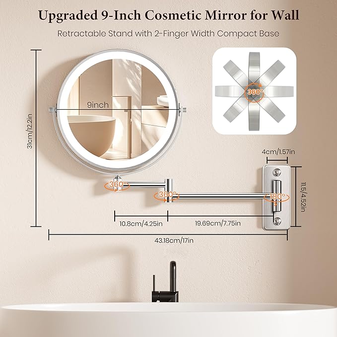 9" Large Wall Mounted Lighted Makeup Mirror, 5000mAh Rechargeable 1X/15X Magnifying Mirror with 3 Color Lights Touch Dimmable, Extended Arm 360° Rotation Bathroom Wall Mounted Makeup Mirror, Nickel
