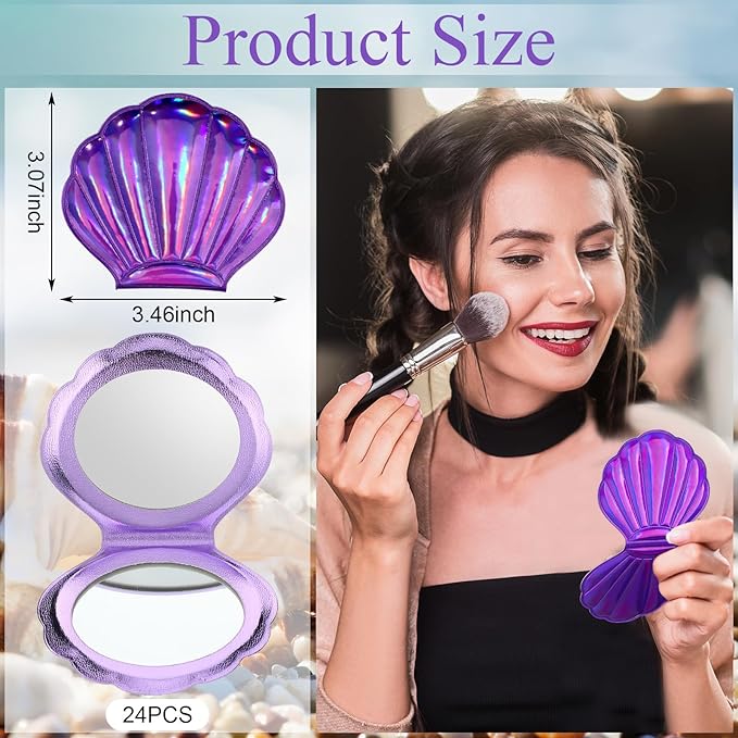 Barydat 24 Set Seashell Compact Mirror Bulk Mermaid Party Favors 4 Colors Double-sided Magnification Shell Mirror Foldable Mini Travel Pocket Mermaid for Women Girl Birthday Beach Party Supplies Decor