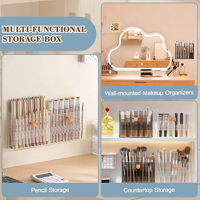 Wall-Mounted Makeup Organizers, 16-Slot Eyeliner Lip Liner Organizer Holder, Open Easy-Access Design, Space-Saving Bathroom Makeup Brush Storage Rack, Transparent Brown