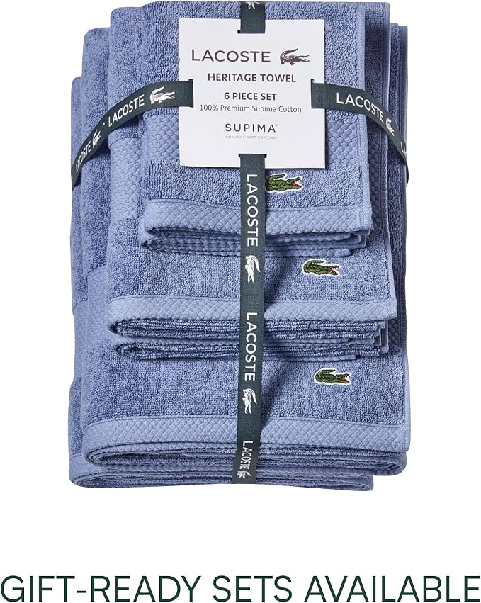 Lacoste Heritage 100% Supima Cotton Hand Towel, Light Denim, 16" x 30" – Highly Absorbent & Quick Drying, Premium Super Soft Bath Towel, Bathroom Essential, Gift for All Occasions, Machine Washable