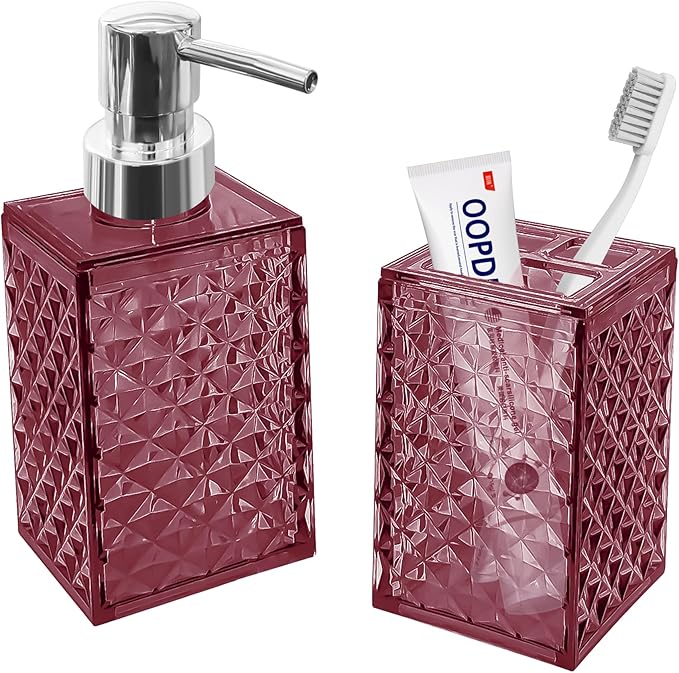 2PCS Burgundy Bathroom Accessories. Contain Soap Dispenser and Toothbrush Holder Set. Boho Bathroom Set for Blue Bathroom Décor