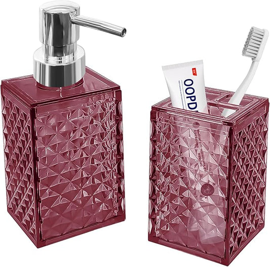 2PCS Burgundy Bathroom Accessories. Contain Soap Dispenser and Toothbrush Holder Set. Boho Bathroom Set for Blue Bathroom Décor