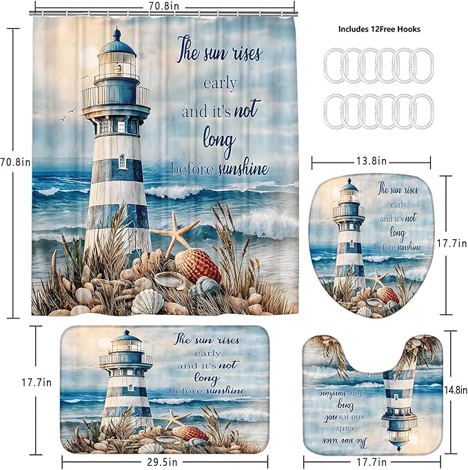 Chrainy 4Pcs Nautical Lighthouse Shower Curtain Sets Sea Seashell Bathroom Set Decor with Non-Slip Rugs Bath U-Shaped Mat Toilet Lid Cover Starfish Lighthouse Bathroom Curtain Shower Set with 12 Hooks