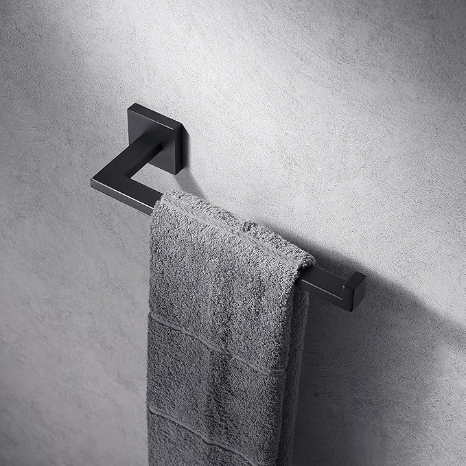 Miyili Matte Black Hand Towel Ring, Stainless Steel Bathroom Towel Holder Square Towel Holder Kitchen Towel Hanger Wall Mount, D06B