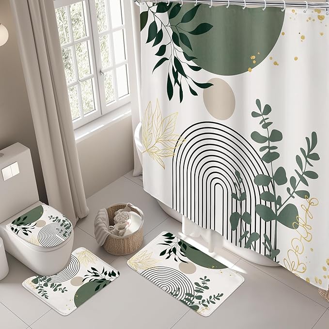 Riyidecor Boho Sage Green 4Pcs Shower Curtain Set with Toilet Lid Cover and Non-Slip Rugs, Mid Century Modern Minimalist Bathroom Decor Set，Abstract Contour and Bath Mat with 12 Hooks