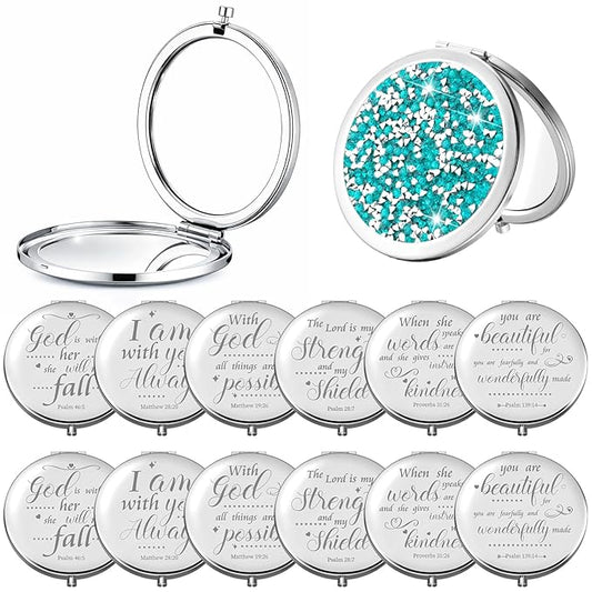 Thyle 12 Pcs Christian Compact Mirror Gifts for Women Mother's Day Nurse Week Bible Verse Wallet Mirror Bulk Hand Makeup Compact Religious Baptism for Holy Communion Teacher(Same,Green)