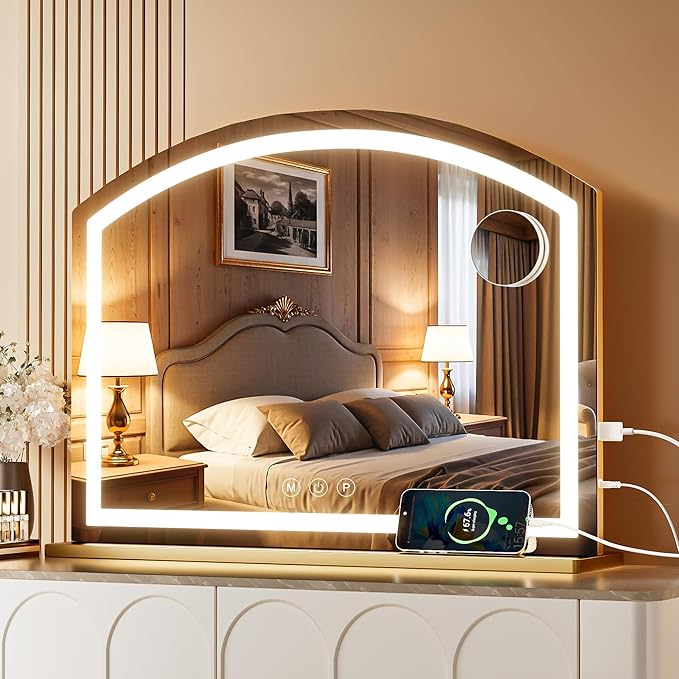 Hasipu Arch Vanity Mirror with Light, Arched Led Makeup Mirror with 10X Magnification, Tabletop Desk Mirror with USB Charging Port, Dimmable 3 Colors Mode, 32" x 24" Inch Gold