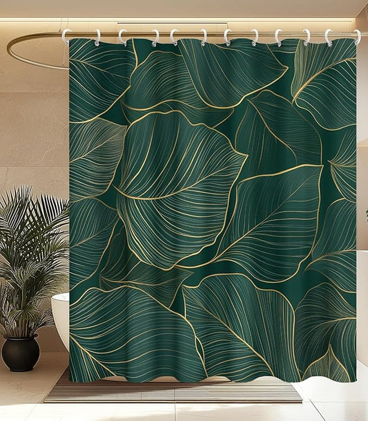 MAMUSE Shower Curtain for Bathroom - Cute Aesthetic Decorative Modern Girly Unique Girls Design Pretty Women Waterproof Fabric Cloth Cortinas de Baño Bathtub 72 x 72 Inch, Gold Plant