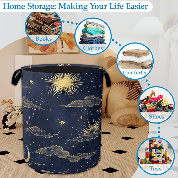 Sun Moon Laundry Basket Collapsible Laundry Hamper Clothes Toy Storage Bin for Bathroom Bedroom Room Decor 16" X 20.8"