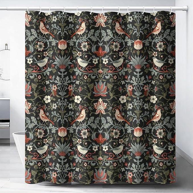 Boho Shower Curtain William Morris Art Print Retro Bird Plant Natural Flower Pattern Print Shower Curtains 66""×72"" Inch, Style-2