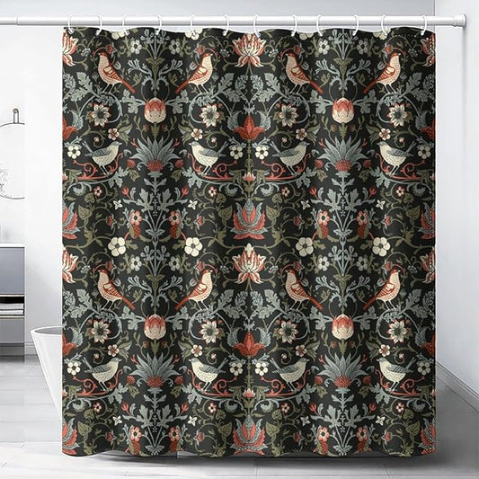 Boho Shower Curtain William Morris Art Print Retro Bird Plant Natural Flower Pattern Print Shower Curtains 66""×72"" Inch, Style-2