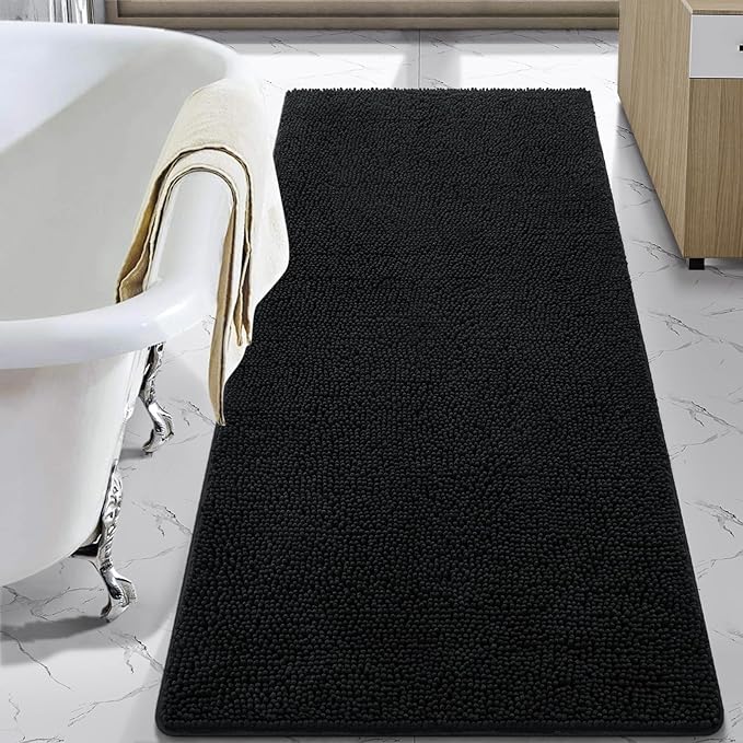 LOCHAS Luxury Bathroom Rug Shaggy Bath Mat 30 x 60 Inch, Washable Non Slip Bath Rugs for Bathroom Shower, Soft Plush Chenille Absorbent Carpets Mats, Black