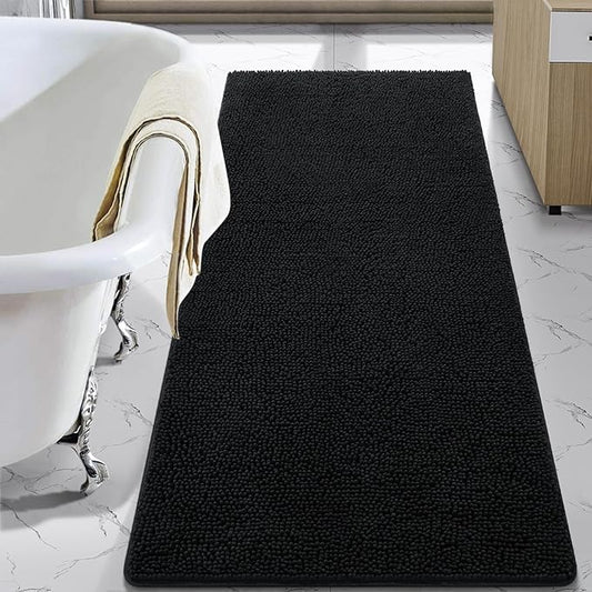 LOCHAS Luxury Bathroom Rug Shaggy Bath Mat 30 x 60 Inch, Washable Non Slip Bath Rugs for Bathroom Shower, Soft Plush Chenille Absorbent Carpets Mats, Black