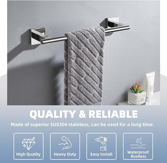 Suyar Polished Chrome Hand Towel Bar, SUS304 Stainless Steel Bathroom Towel Holder, Kitchen Closet Cabinet Washcloth Rack Wall Mounted, 13.78 Inch