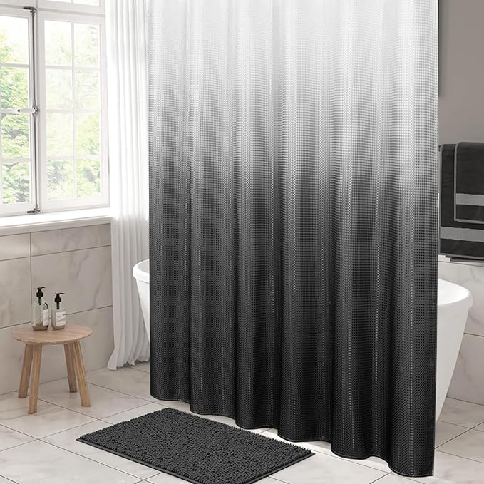 MitoVilla Black White Waffle Small Stall Shower Curtain 36 x 72, Half Size Fabric Narrow Shower Curtains for Bathroom Decor, 36 inch Weighted Shower Curtain Set with Plastic Hooks, Black Ombre