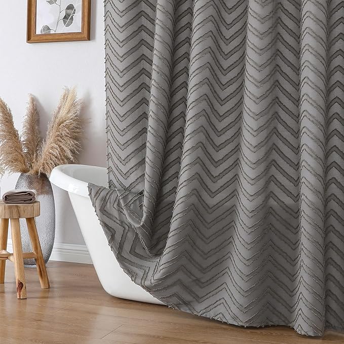 OVZME Grey Shower Curtain 72 Inches for Bathroom, Modern Boho Soft Fabric Cloth Shower Curtain, Elegant Tufted Chevron Striped Textured Fabric Hotel Quality, 72Wx72L Inches