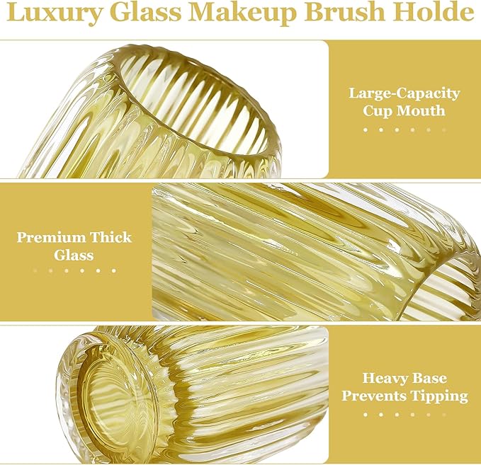 Makeup Brush Holder, Thick Glass Makeup Brush Organizer Cup, 4.8" Tall for Vanity Hair Brush Holder Brushes Storage, Makeup Brush Holder Organizer organizador de brochas de maquillaje Crystal Amber