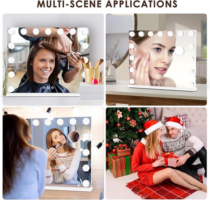 Lighted Makeup Mirror 19" L x 23" Light Hollywood Mirror with Detachable 10X Magnification Hollywood Vanity Mirror with Lights Smart Touch Control Hollywood Lighted Mirror with 15 LED Bulbs 3Colors