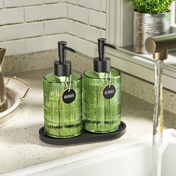 MASADI Soap Dispenser Set with Bamboo Tray, Dish and Hand Soap Lotion Dispenser Set with Wooden Pump for Kitchen and Bathroom Decor for Counter, Modern Vintage Liquid Soap Dispensers (Green&Black)