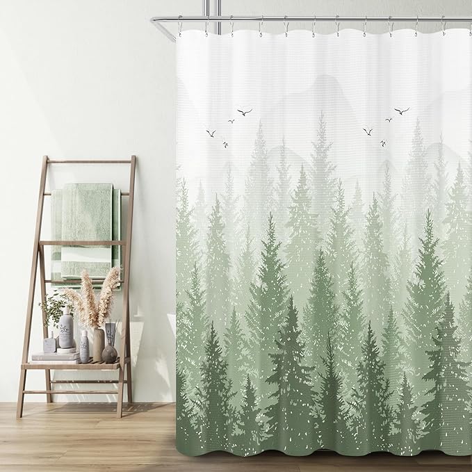 Hokibero Sage Green Misty Forest Mountain Nature Tree Fabric Shower Curtains for Bathroom Waterproof Heavy Duty Green and White Woohitedland Shower Curtain Bathtubs Hotel, 72 x 72 inch