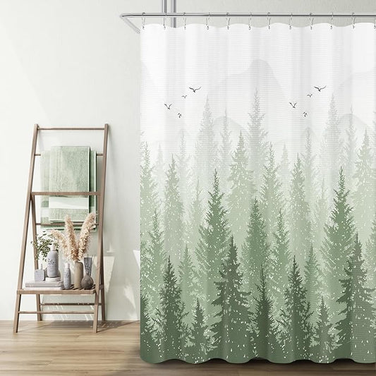 Hokibero Sage Green Misty Forest Mountain Nature Tree Fabric Shower Curtains for Bathroom Waterproof Heavy Duty Green and White Woohitedland Shower Curtain Bathtubs Hotel, 72 x 84 inch