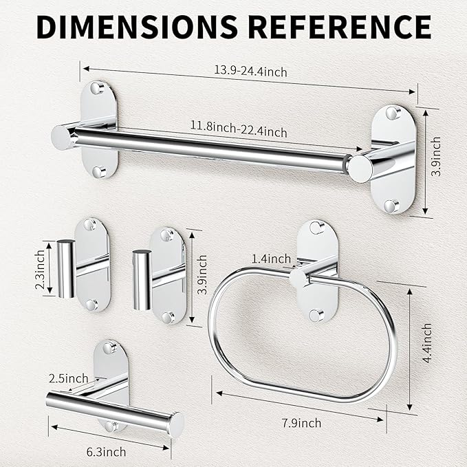 5-Piece Bathroom Hardware Accessories Set, Self-Adhesive & Wall Mounted SUS304 Stainless Steel Towel Bar Set, Adjustable Towel Bar, Towel Ring, Toilet Paper Holder & 2 Hooks(Chrome)