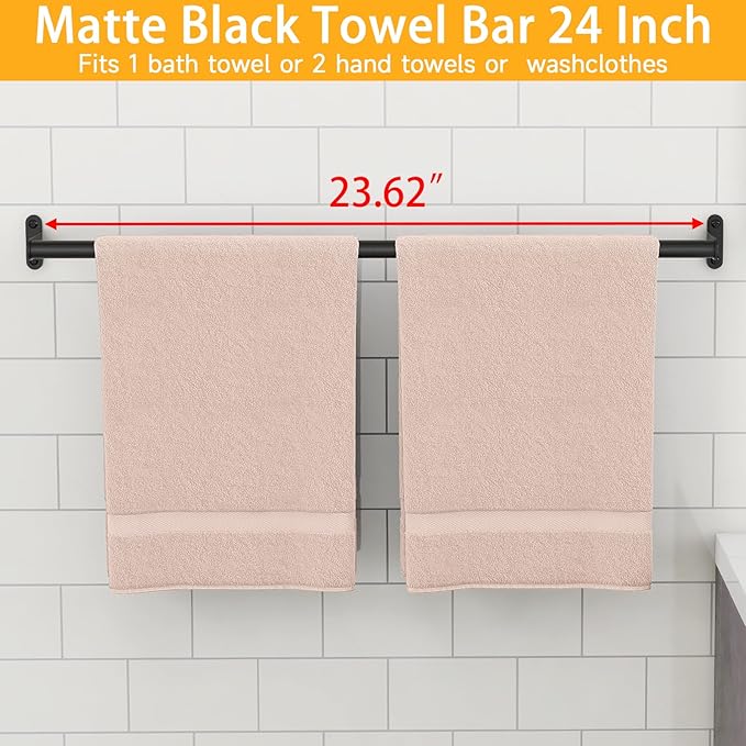 Towel Bar for Bathroom Wall, Black 24 Inch Single Towel Bar Rods for Bathroom, Stainless Steel Heavy Duty Towel Racks for Bathroom Wall Mounted