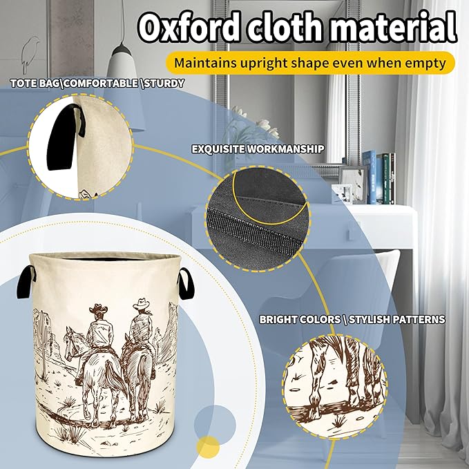 Western Cowboy Laundry Basket Desert Horse Foldable Oxford Cloth Funny Tote Bag Laundry Hamper Clothes Storage Bucket Organizer For Bathroom/Laundry Storage/Bedroom 18.9x16.5 Inch