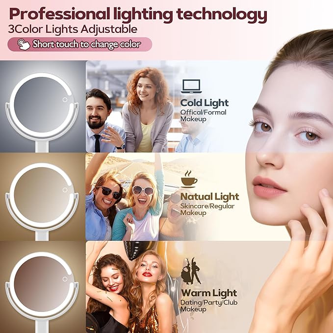 MOMOKUBA Makeup Mirror with Lights, 30X Magnifying & Height Adjustable, Lighted Magnifying Mirror with 3 Light Modes and Stepless Dimming, Vanity Mirrors for Bathroom, Birthday Gift for Women, White