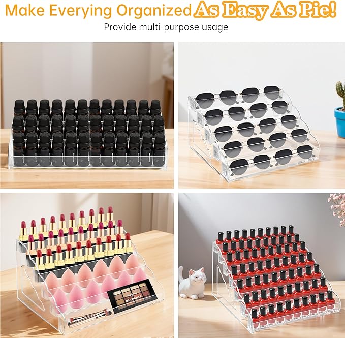 Nimiah Nail Polish Organizer Holder - 7 Layers Nail Supplies Rack Holds up to 96 Bottles Clear Acrylic Display Shelf for Eyeglass Essential Oils Ink Storage