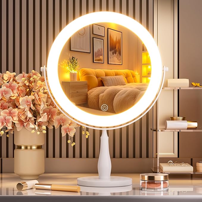 Professional 8" Large Lighted Makeup Mirror with Brighter Lights, 1X/10X True HD Magnifying Mirror with 3 Color Dimmable Lights, 92 Shadowless LEDs, 360°Swivel Seamless Vanity Mirror, White