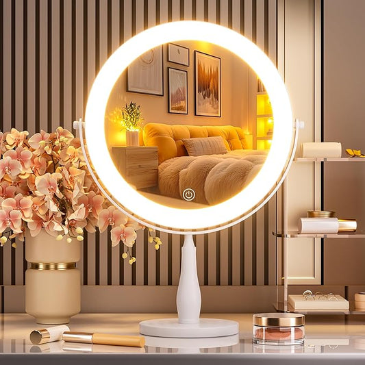 Professional 8" Large Lighted Makeup Mirror with Brighter Lights, 1X/10X True HD Magnifying Mirror with 3 Color Dimmable Lights, 92 Shadowless LEDs, 360°Swivel Seamless Vanity Mirror, White