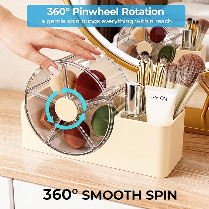Hair Accessories Organizer with 5-Section Rotating Case | 2-Slot Comb & Hair Brush Holder | Cute Bathroom Vanity Caddy for Hair Tiles, Clips, Scrunchies, Other Accessories | Girls Vanity Décor (Cream)