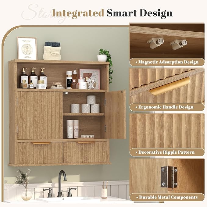 Fluted Bathroom Wall Cabinet with Drawers, Wooden Medicine Cabinet Organizer Over The Toilet, Wall Mounted Storage Cabinet with Open Shelf for Bathroom, Kitchen, and Laundry Room (Walnut)