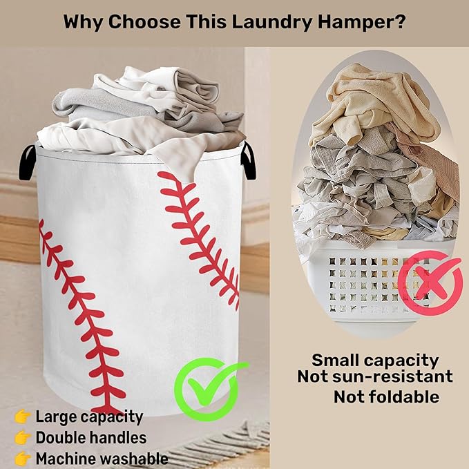 Baseball Large Clothes Hamper Bag - Laundry Basket with Handles, Space Saving Foldable Design for Nursery
