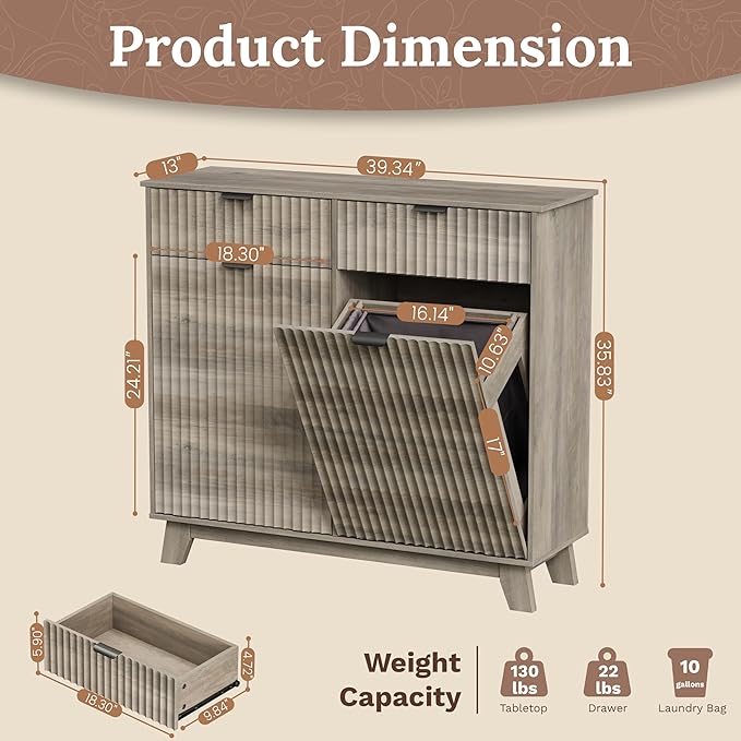 Double Tilt Out Laundry Hamper Cabinet, 20 Gallon Wooden Trash Can Cabinet with Storage Drawers, Hidden Fluted Garbage Can Holder for Kitchen, Living Room (Wood Grey, 39.34"W x 35.83"H x 13"D)