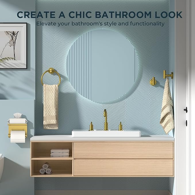 FORIOUS Bathroom Hardware Accessories Set, SUS304 Stainless Steel 24 Inch Towel Bar Set Wall Mounted, Modern Toilet Paper Holder with Shelf for Bathroom, 5 Pieces, Brushed Gold