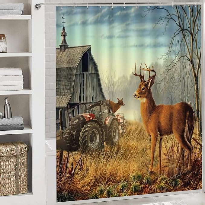Vintage Deer Western Country Shower Curtain Sets with Rugs 4 Piece Accessories Bathroom Curtains Shower Set Include Shower Curtain Non-Slip Rug Toilet Lid Cover Bath Mat One Size